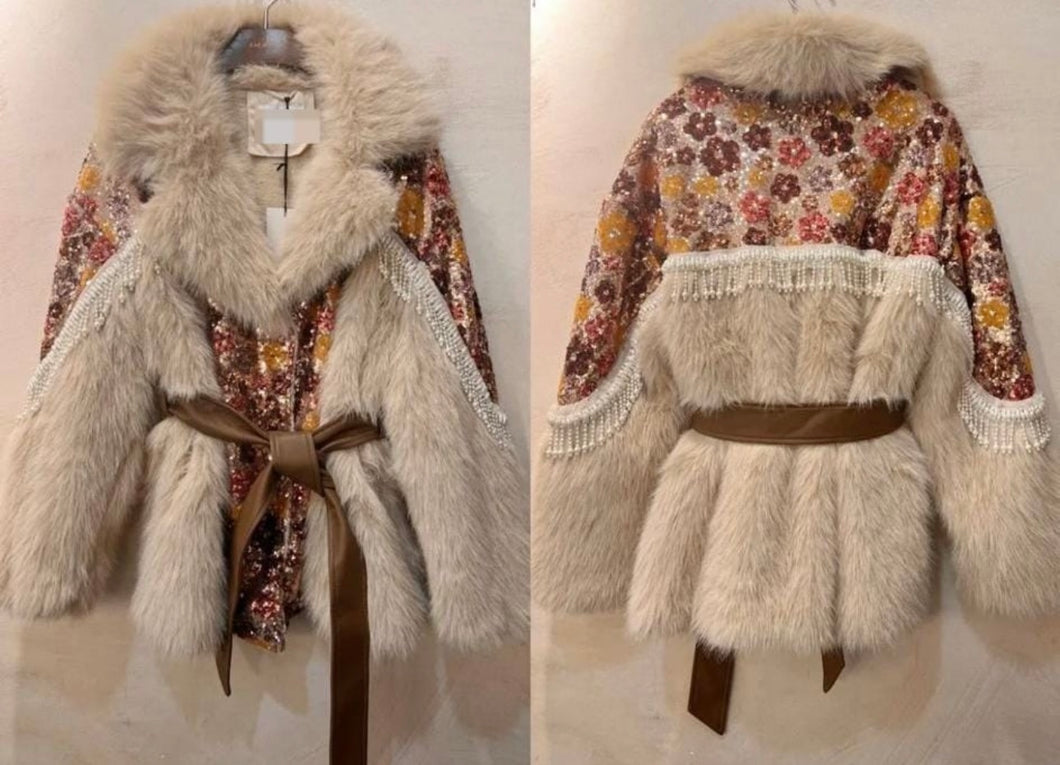 “Aurora Luxe Faux Fur & Sequin Jacket”